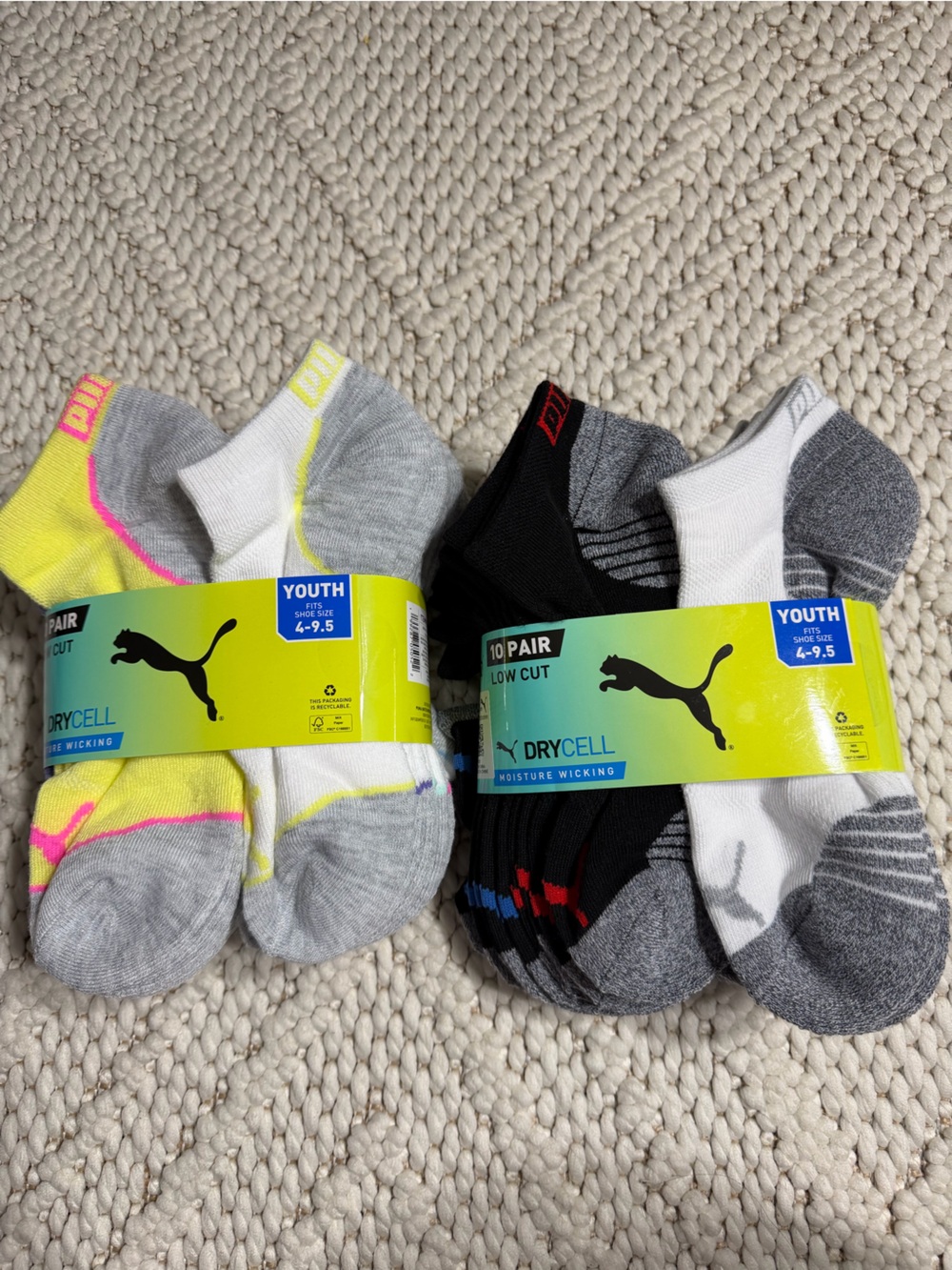 Puma Youth Low-Cut Socks in Gray, Blue, Black, White & Pink Accent (20 Pair)